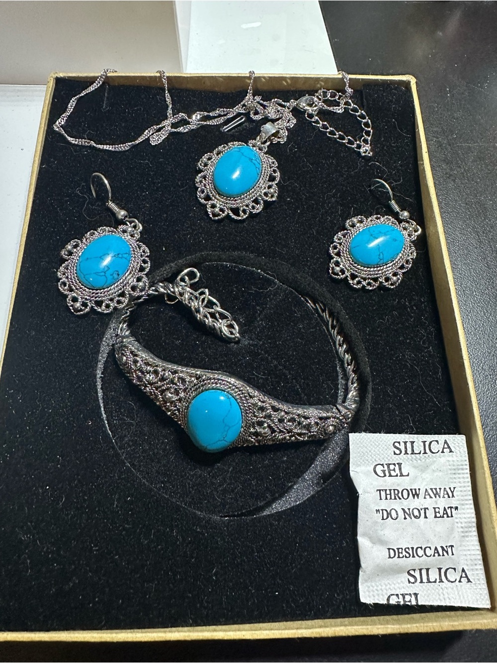 Turquoise Stone Silver-Tone Necklace, Bracelet & Earring Set